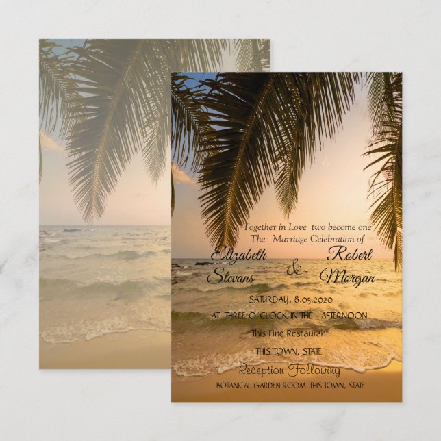 Casamento na Praia, Convite para Pôr do Sol com Pa (Frente/Verso)