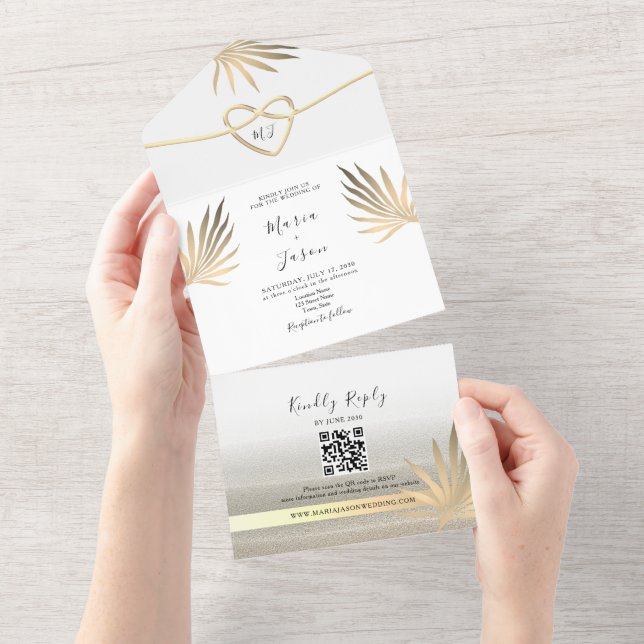 Casamento na Praia Tropical com Palmeira e Dourado (Aba destacável)
