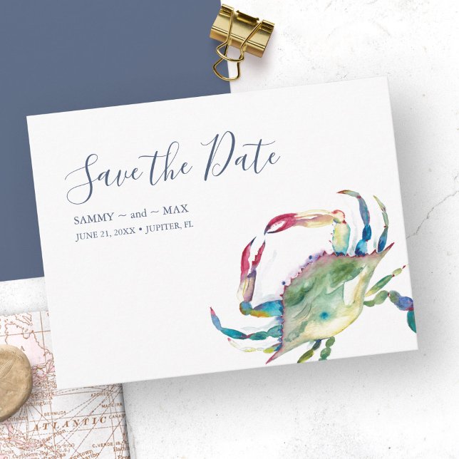 Casamento Não Fotográfico Salvar Convites de Data (Destination wedding save the date invitations feature a watercolor blue crab by Victoria Grigaliunas)