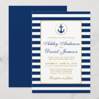 Casamento Náutico Azul Listras Douradas Convite B