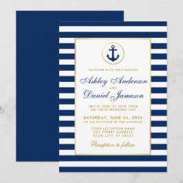 Casamento Náutico Azul Listras Douradas Convite B