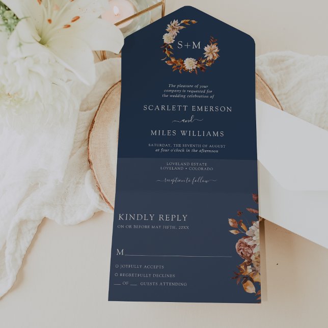 Casamento Navy (Autumn Navy Blue Wedding All In One Invitation by Painted Paperie
)