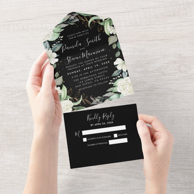 Casamento Negra Floral Elegante Eucalyptus com RSV (Aba destacável)