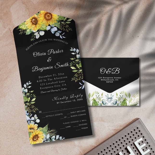 Casamento Negro de Folhagem de Girassol (Sunflower Greenery Foliage Black White Wedding All In One Invitation)