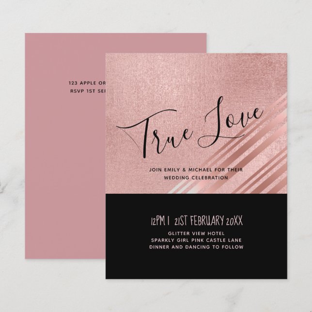 Casamento Negro Dourado Rosa moderno (Frente/Verso)