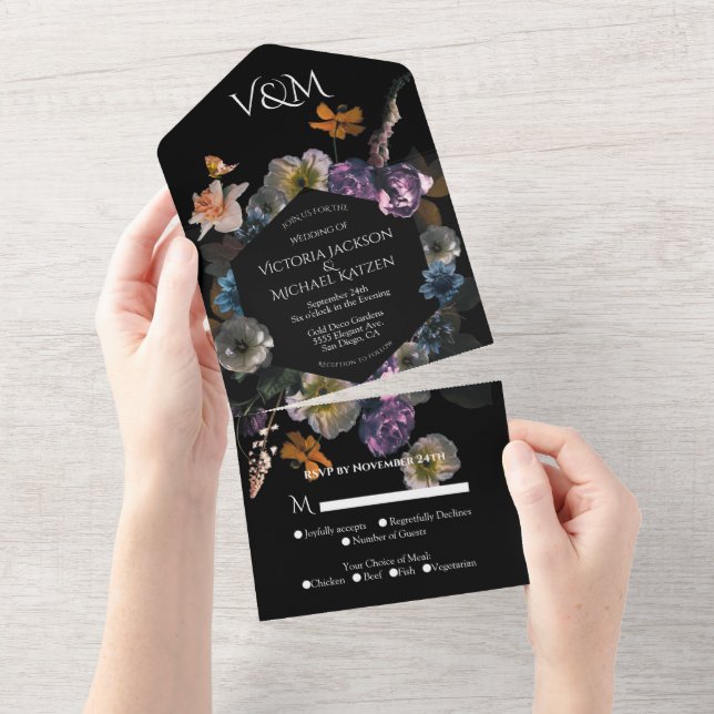 Casamento Neoclássico ao Luar Floral Escuro e Temp (Aba destacável)