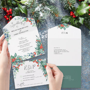 Casamento no inverno Watercolor Holly e Berries