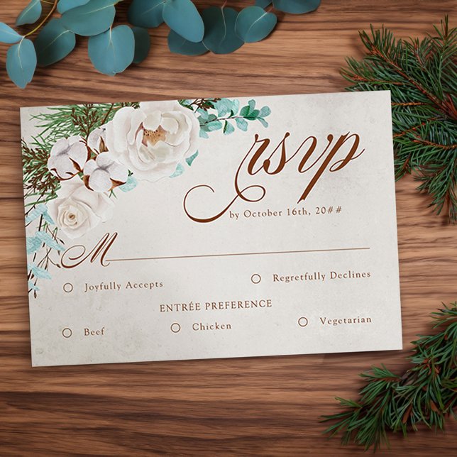 Casamento no inverno White Rose RSVP com opções de (Winter Wedding and Meal RSVP Card with elegant calligraphy, white rose, pine and eucaluptus)