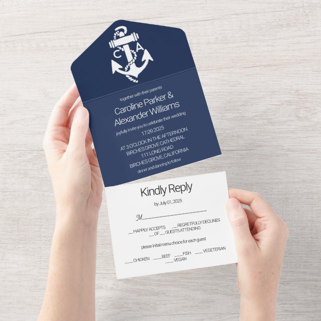 Casamento no Oceano Moderno Azul-Elegante Marinho  (Aba destacável)