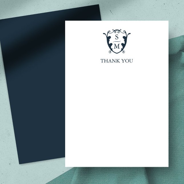 Casamento Obrigado Cartões Elegante Monograma Cres (thank you card navy blue monogram crest)