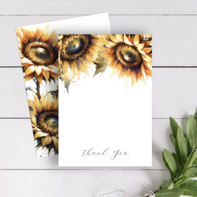 Casamento Obrigado Cartões Flores Amarelas (Thank you note cards feature watercolor sunflowers in shades of yellow on Do Tell A Belle)