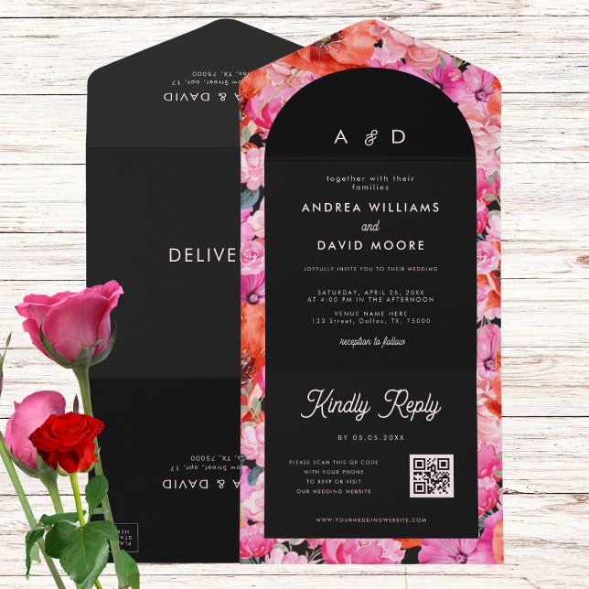 Casamento outono de Código QR Preto Floral Vermelh (Criador carregado)