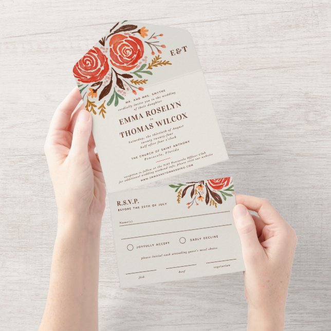 Casamento outono de Rosas de Aquarela Vermelha (Aba destacável)