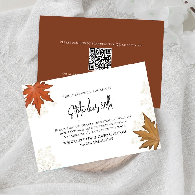 Casamento outono deixa código QR RSVP Elegante (Elegant Fall Leaves Watercolor enclosure card.)