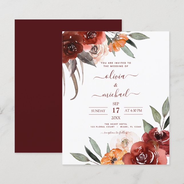Casamento outono Orçamental Borgonha Floral (Frente/Verso)