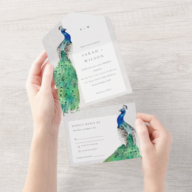 Casamento Peacock de Aquarela com Ornamentado Clás (Aba destacável)