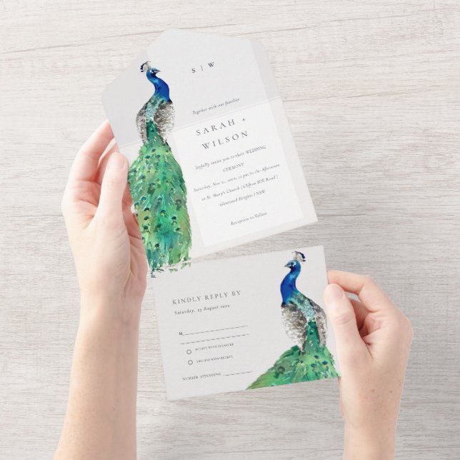 Casamento Peacock de Aquarela com Ornamentado Clás (Aba destacável)
