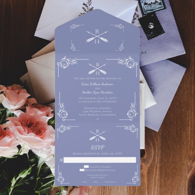 Casamento Periwinkle Monograma e Setas (Periwinkle Monogram and Arrows Wedding All in One Invitation)