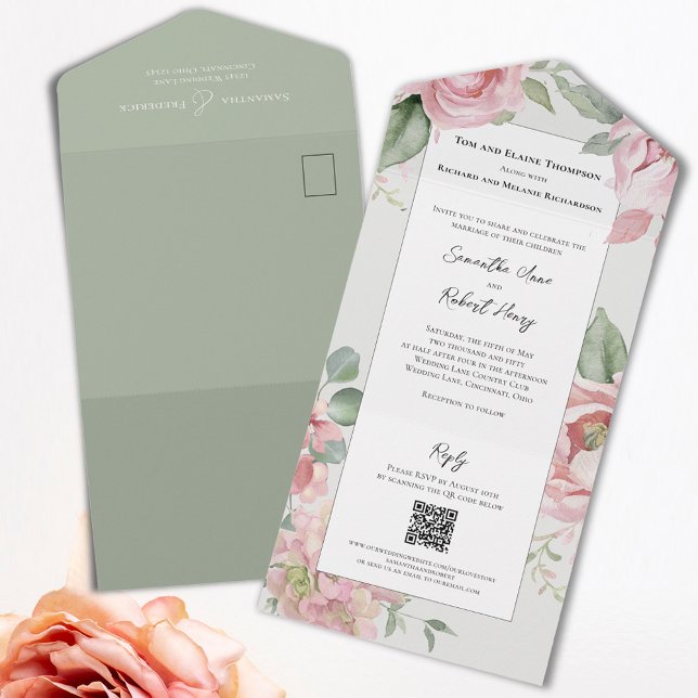 Casamento por Aquarela Cor-de-Rosa Esbranquiçada (Elegant pink floral all in one wedding invitations. )