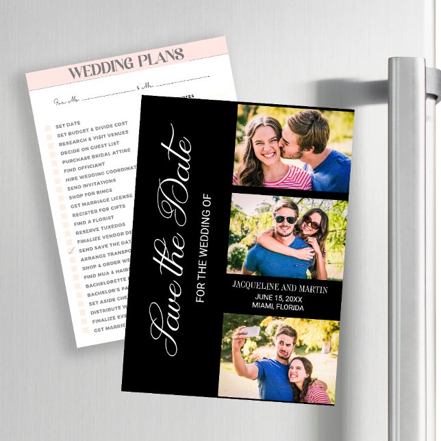 Casamento Preto 3 Fotos Moderno (Wedding Save the Date 3-photo magnet )