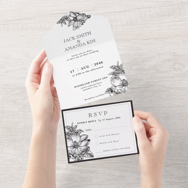 Casamento preto e branco clássico tudo em um RSVP (Aba destacável)