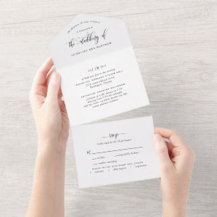 Casamento preto e branco moderno com RSVP perfurad