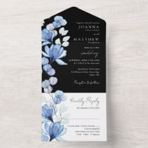 Casamento Preto e Branco Monograma Floral Azul