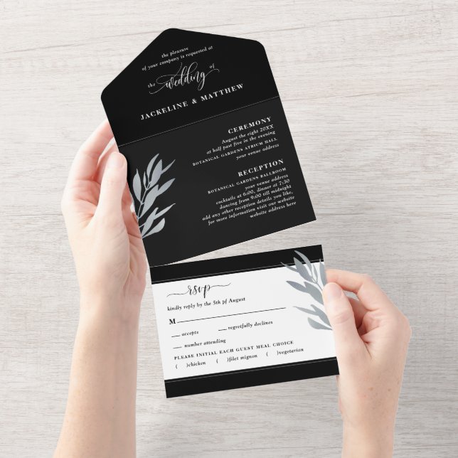 Casamento preto e prata moderno com RSVP perfurado (Aba destacável)