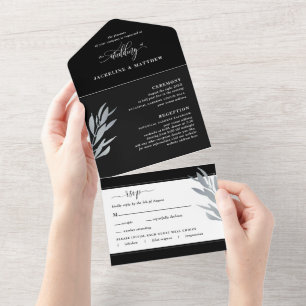 Casamento preto e prata moderno com RSVP perfurado