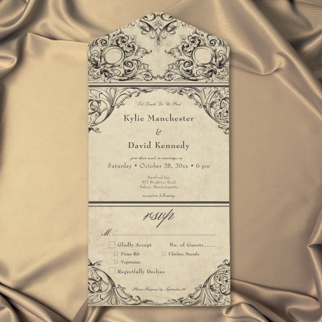 Casamento Preto em Pergaminho Marrom Até a Morte (Vintage Until Death Black Parchment Tan Wedding All In One Invitation)