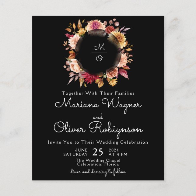 Casamento Preto Floral Romântico Queda do Orçament (Frente)