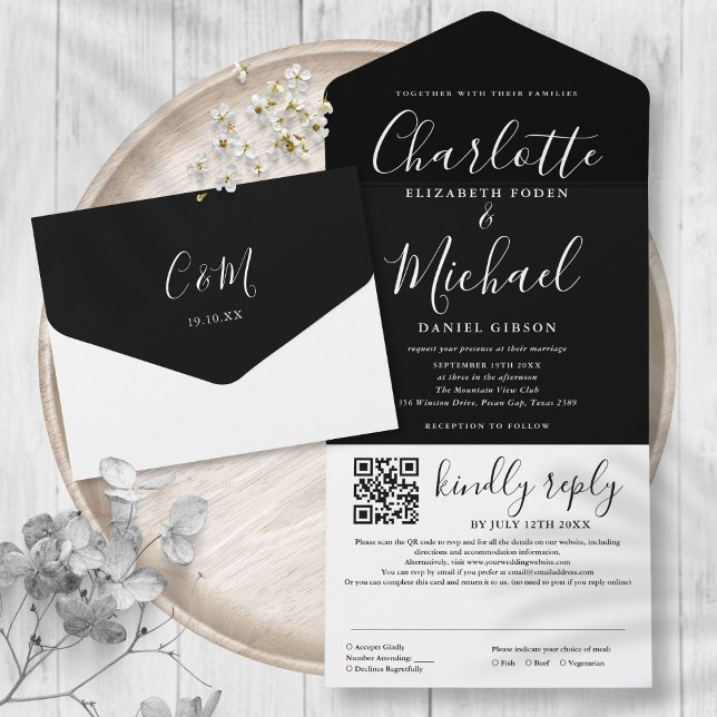 Casamento QR Code Moderno Preto e Branco (Black And White Modern Script QR Code Wedding All In One Invitation)