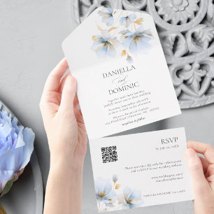Casamento QR de Flores Florais Azuis Douradas Eleg