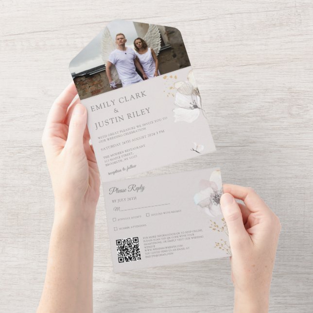 Casamento QRCode com Foto em Aquarela de Flores Se (Aba destacável)