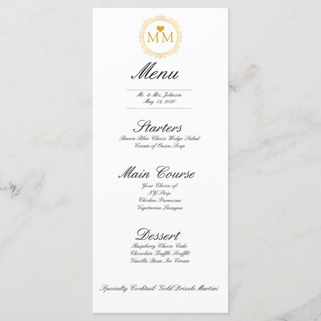 Casamento Real Coração de Ouro Monograma | Menu de (Frente)