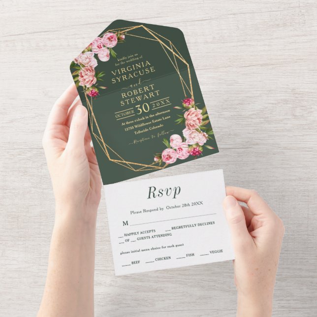 Casamento Real Verde Geométrico Escamudo Rosa (Aba destacável)