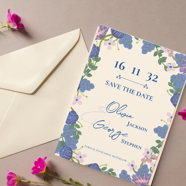 Casamento Romântico Floral Azul Roxo Salve a Data (Purple Blue Floral Romantic Wedding Save the Date)