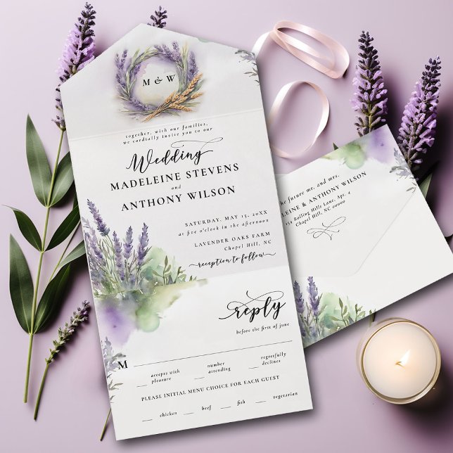 Casamento Romântico Moderno da Lavanda Russa (rustic lavender all in one tri fold wedding invitation modern watercolor romantic elegant wreath)