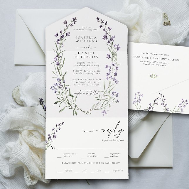 Casamento Romântico Moderno da RSVP de Refeição da (lavender wedding invitation provence wreath modern classic elegant watercolor meal rsvp all in one)