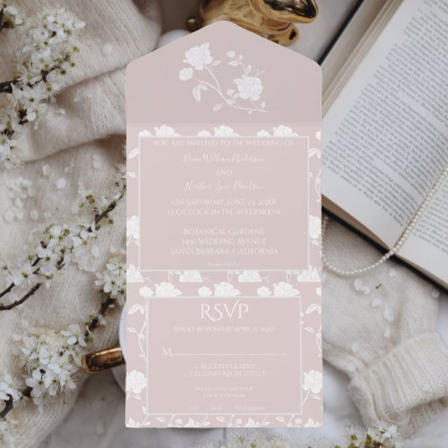 Casamento Rosa Rosa Cor-De-Rosa Esbranquiçada, Tud (Blush Pink Rose All in One Wedding Invitation)