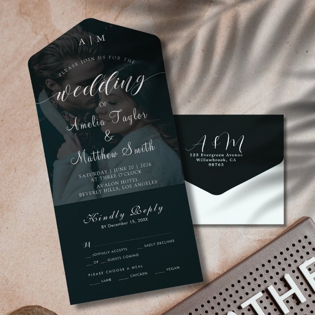 Casamento RSVP Branco e Preto de Foto Chic Elegant (Elegant Chic Photo Black and White RSVP Wedding All In One Invitation)
