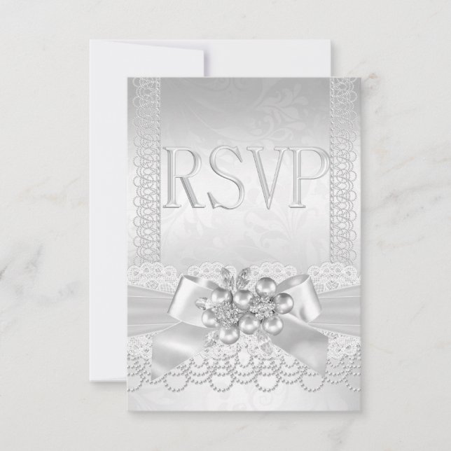 Casamento RSVP Branco Pérola de Prata Renda Damask (Frente)
