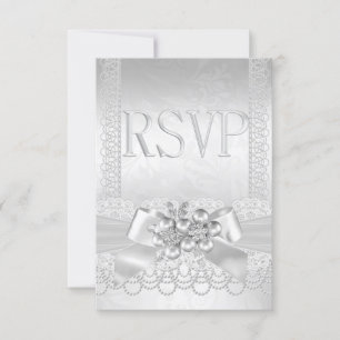 Casamento RSVP Branco Pérola de Prata Renda Damask