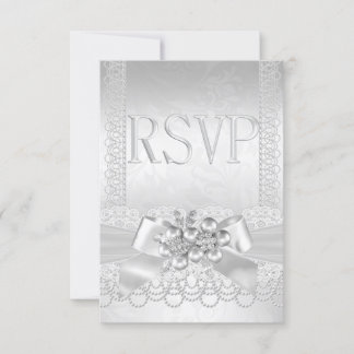 Casamento RSVP Branco Pérola de Prata Renda Damask