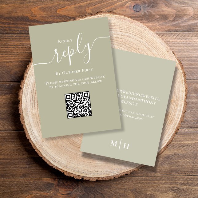 Casamento RSVP Código QR Elegante Sage Green (Elegant sage green reply response card with a scannable QR code. )