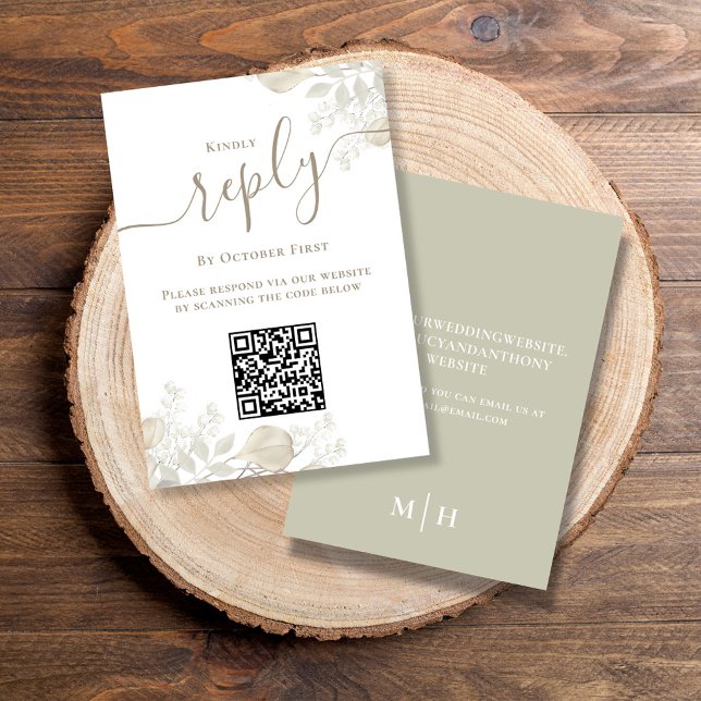Casamento RSVP Código QR Elegante Sage Greenery (Simple Wedding reply card with a sage green background and QR code template.)
