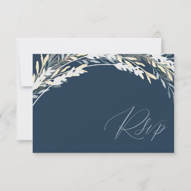 Casamento RSVP com Código QR Moderno Azul e Folhag (Frente)