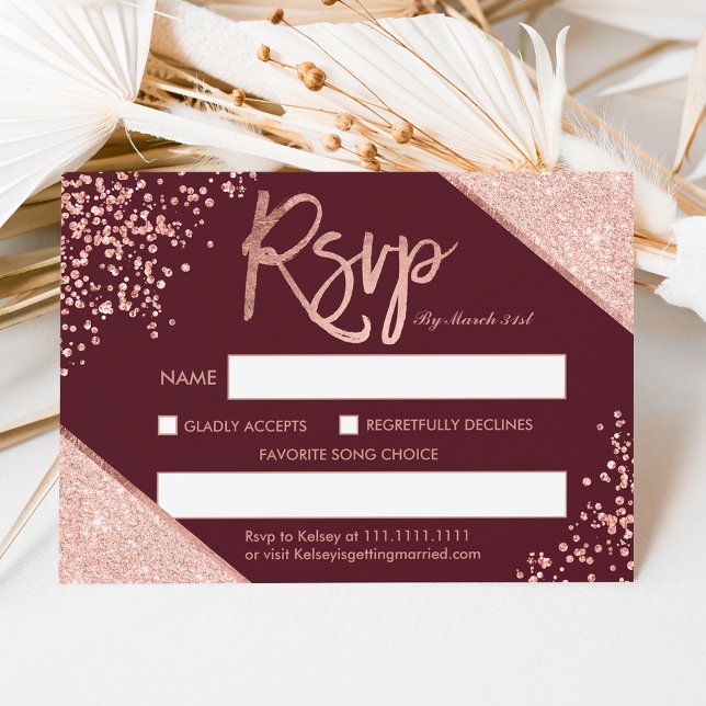 casamento rsvp com rosa dourado confetti burgundy (Criador carregado)