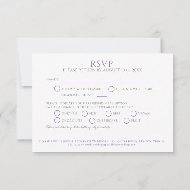 Casamento RSVP de monograma roxo desenhado com mão (Verso)