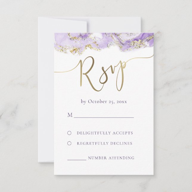 casamento RSVP de ouro de lavanda de mármore fluid (Frente)